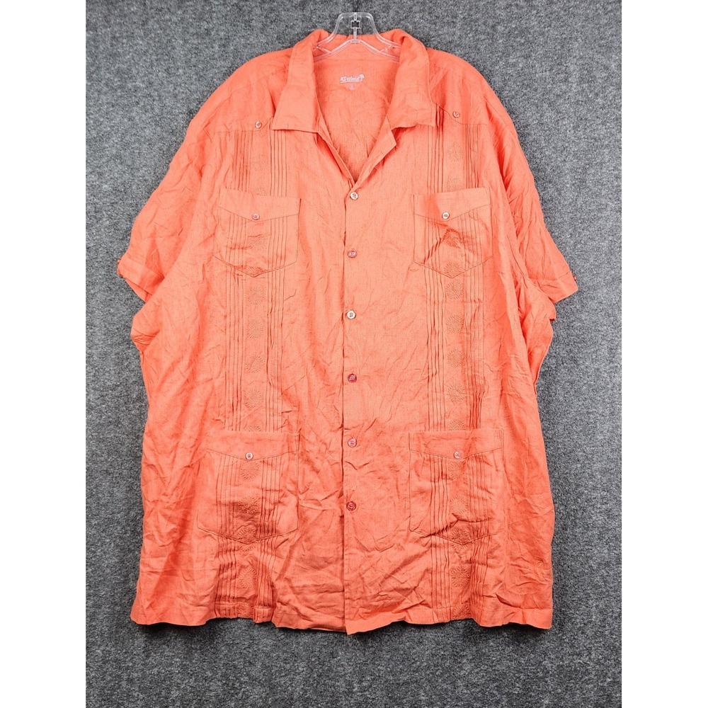 KS Island Guayabera Shirt Mens 3XL Big Coral Orange Embroidered Linen Blend